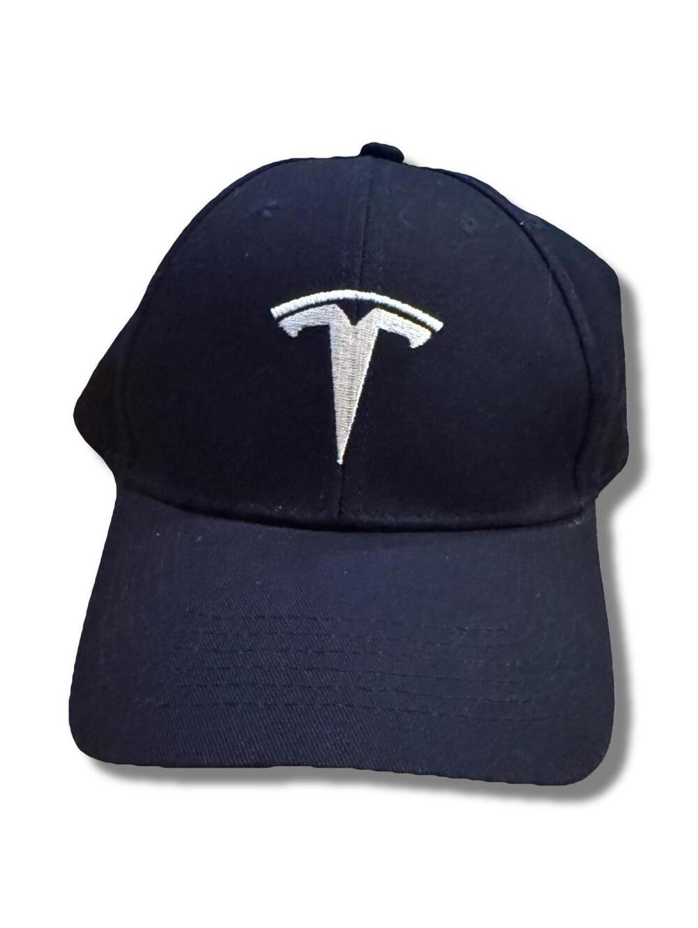 Official Tesla navy blue baseball cap with spell out blockhead on the back
